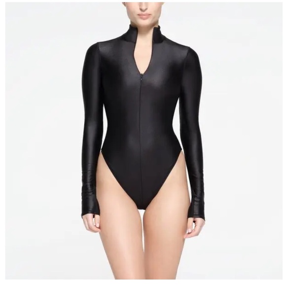 SKIMS shine swim zip front high neck one piece bathing suit